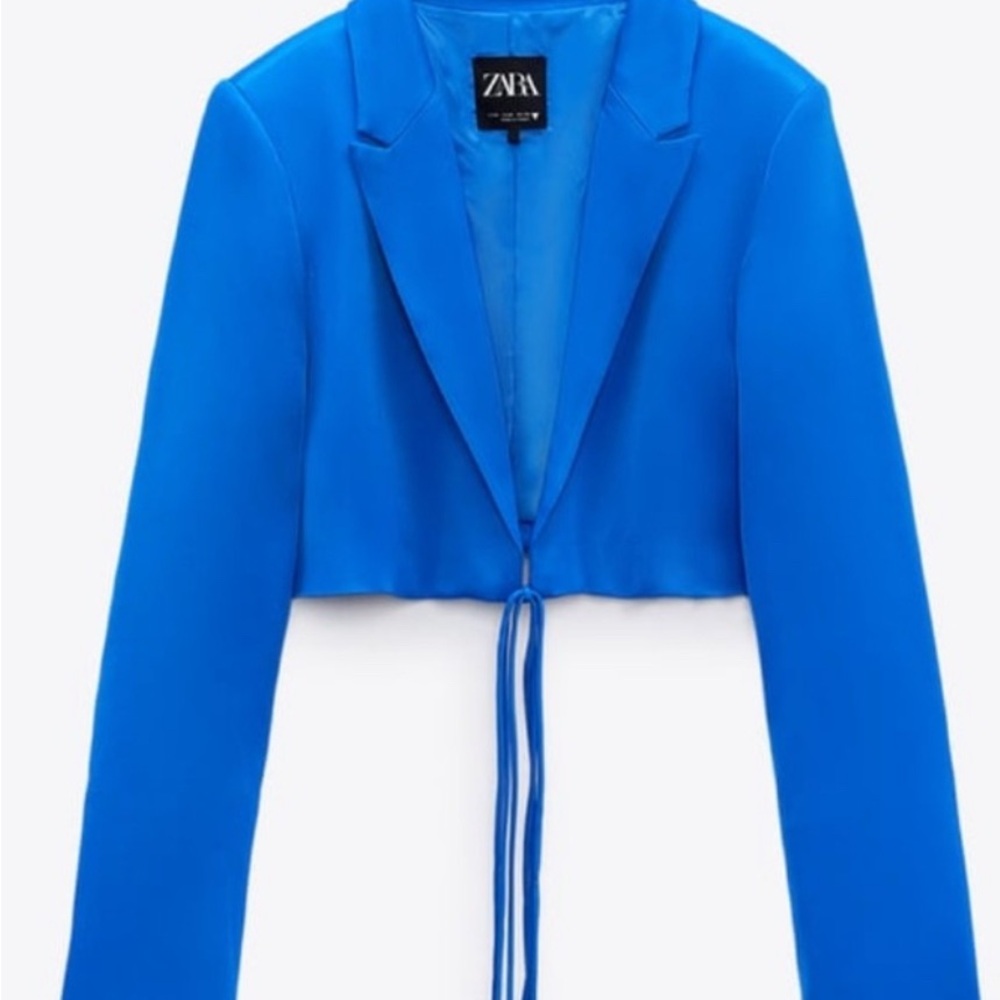 Zara Blue Cropped Blazer with Tie Closure
